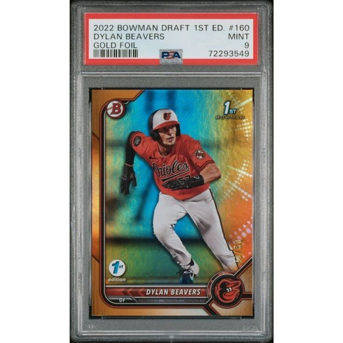 2022 Bowman Draft 1st Edition Dylan Beavers Gold Foil /50 #160 PSA 9