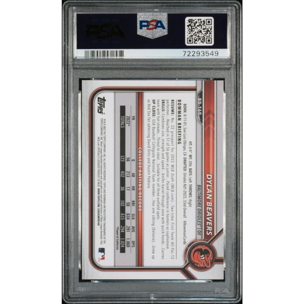 2022 Bowman Draft 1st Edition Dylan Beavers Gold Foil /50 #160 PSA 9