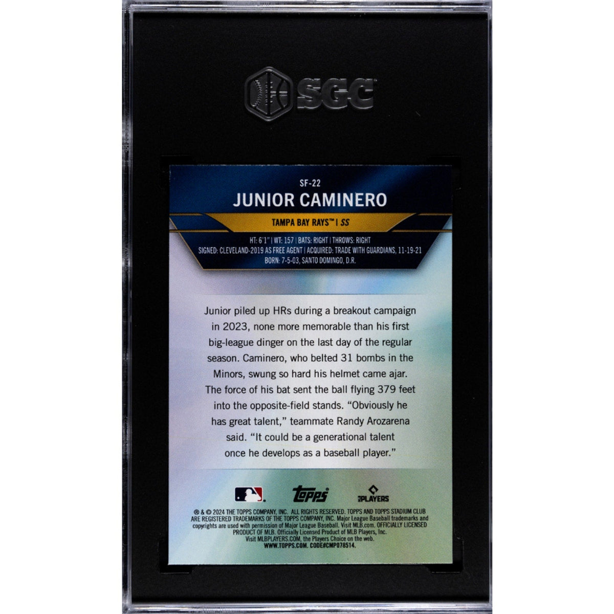2024 Topps Stadium Club Junior Caminero Rookie #SF-22 SGC 9.5
