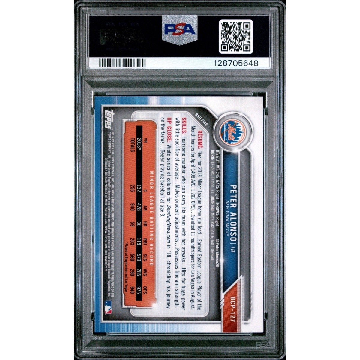 2019 Bowman Prospects Pete Alonso Yellow Refractor /75 #127 PSA 9