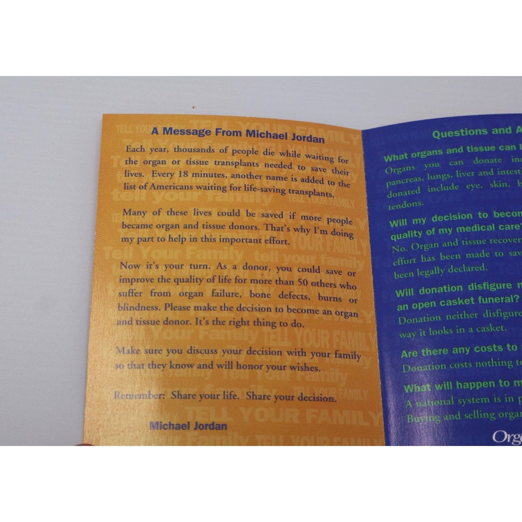 1993 Michael Jordan Chicago Bulls Organ Donor Pamphlet