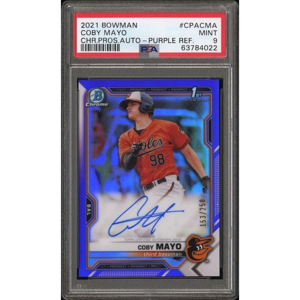 2021 Bowman Chrome Coby Mayo Purple Refractor Auto /250 PSA 9
