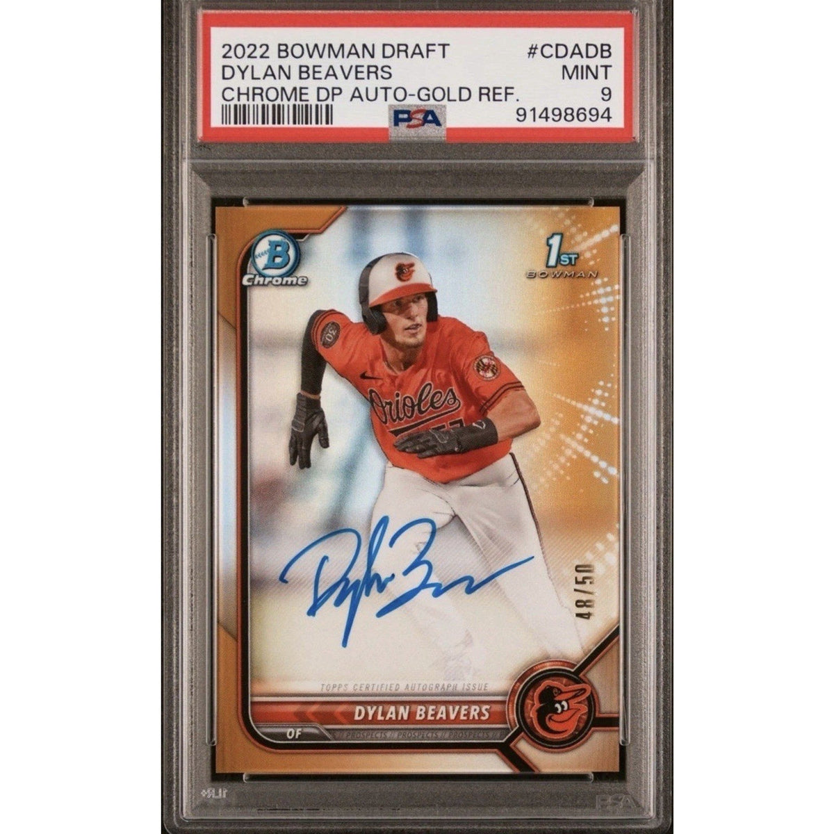 2022 Bowman Chrome Dylan Beavers Gold Refractor Auto /50 PSA 9