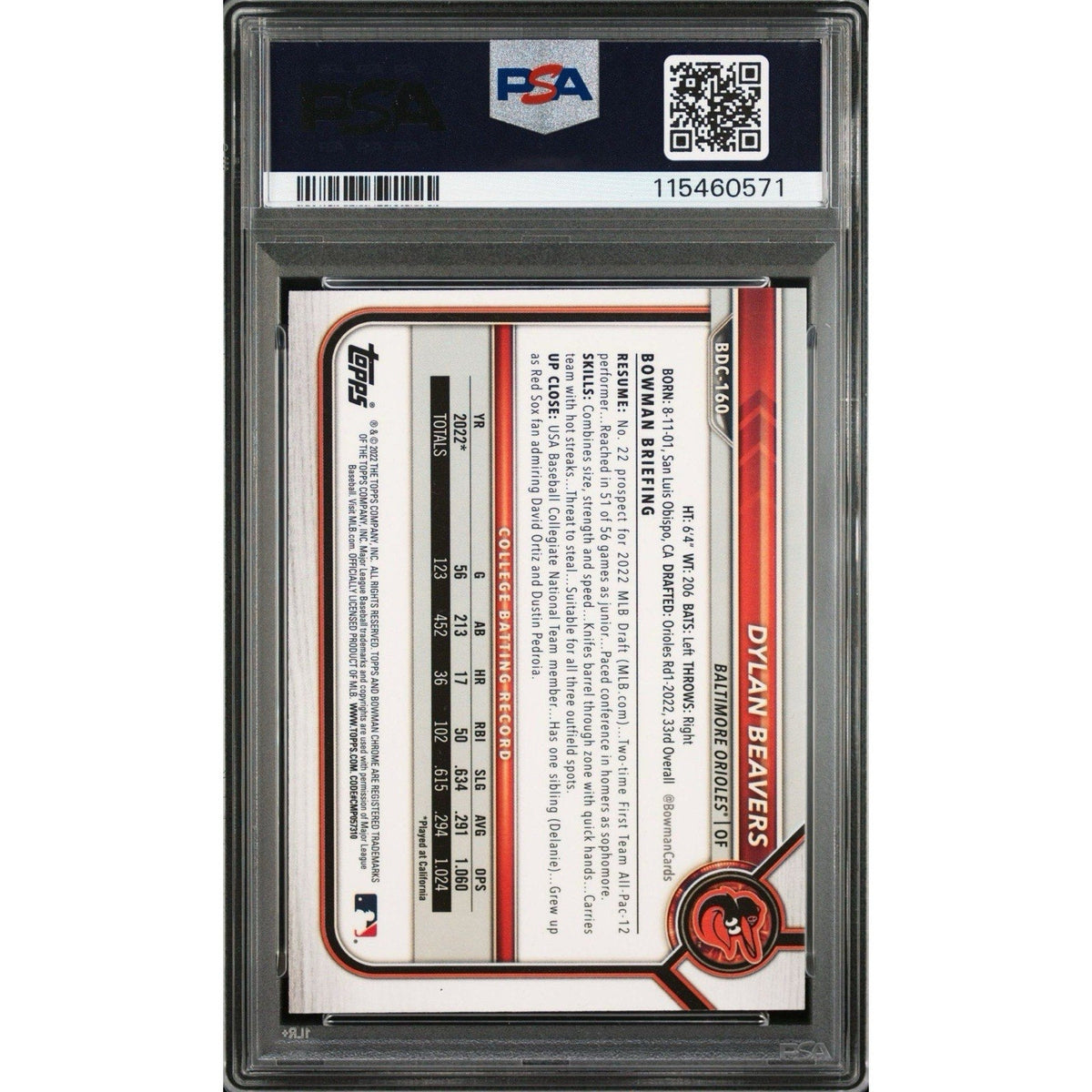2022 Bowman Draft Chrome Dylan Beavers Signed #BDC-160 PSA/DNA
