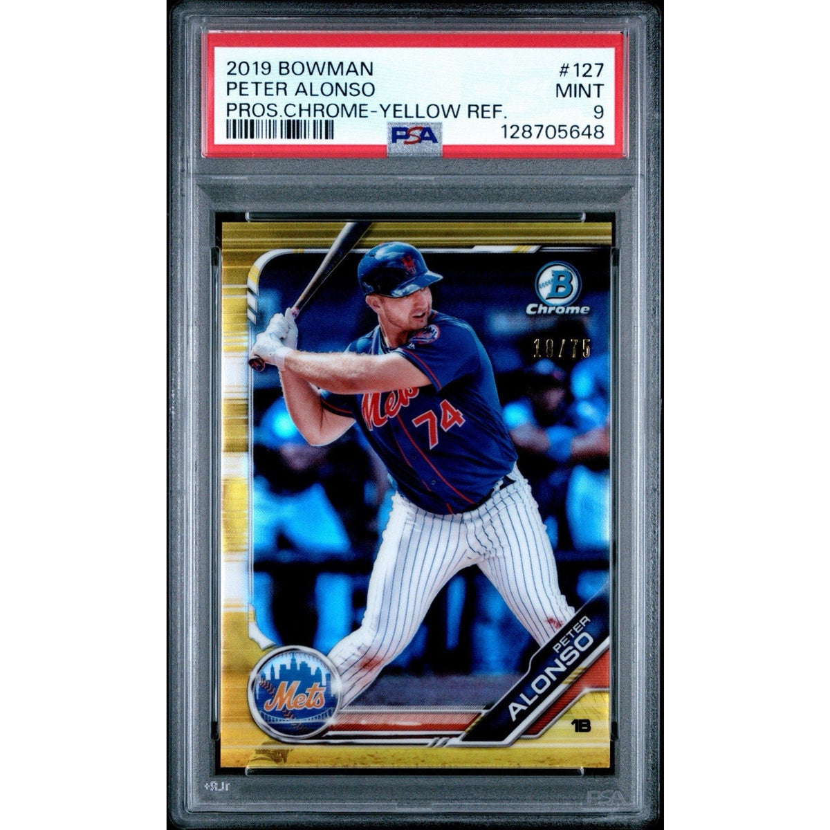 2019 Bowman Prospects Pete Alonso Yellow Refractor /75 #127 PSA 9